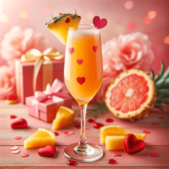Blushing Mimosa - A colorful beverage mixing orange juice, pineapple juice, grenadine, and champagne.