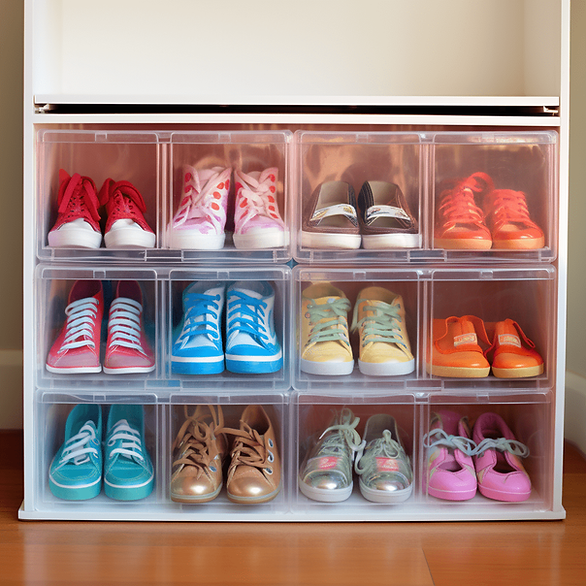 organizing kids shoes with clear bins