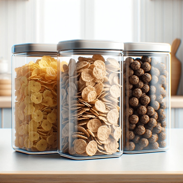 three clear containers with cereal 