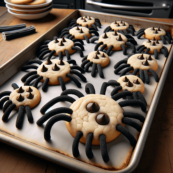 spider cookies on a baking sheet