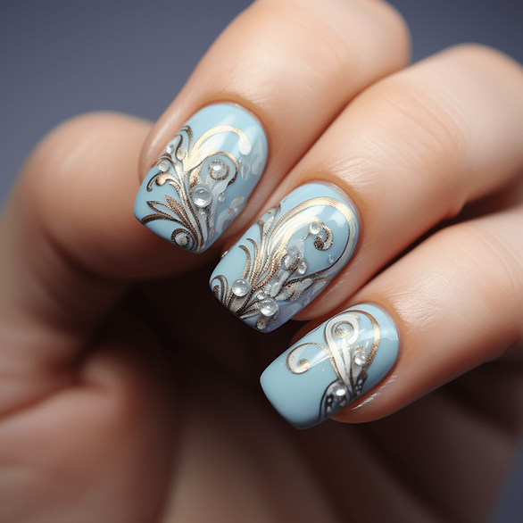 fashion nails embellished light blue and silver