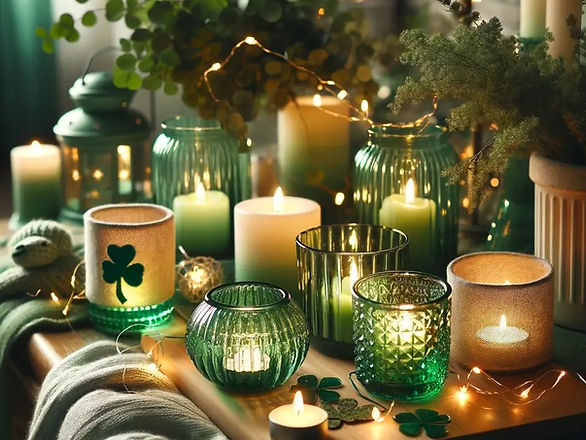 green votive candle holders with off-white candles burning in them