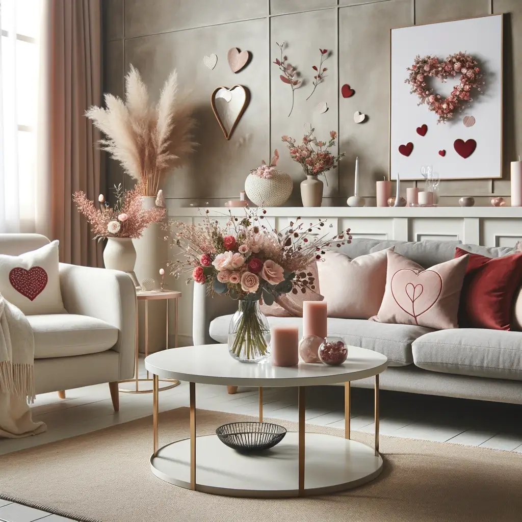 This image depicts a living room that is elegantly decorated in a minimalist style for Valentine's Day. The decor includes subtle red and pink throw pillows, a tasteful floral arrangement, and sophisticated, simple decorations. These elements come together to create a romantic yet refined atmosphere, perfect for the theme of your article.  This setting beautifully captures the essence of a classy and romantic Valentine's Day, ideal for readers looking for understated yet elegant decorating ideas.
