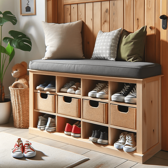 kids shoes organizing with a bench