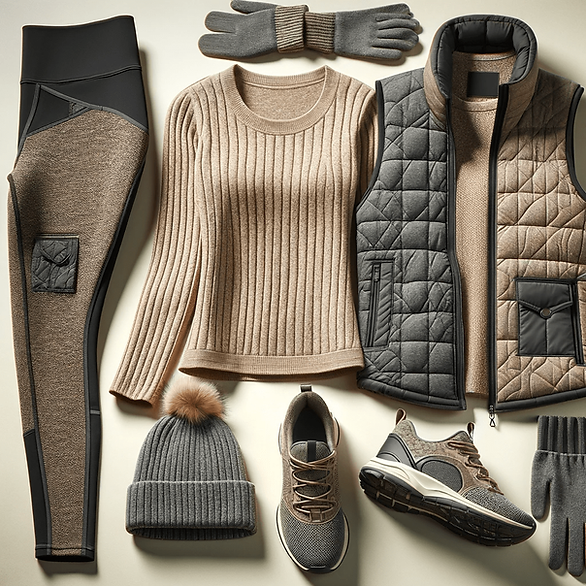 Here is an image showing an active day winter outfit for a woman. The outfit consists of fleece-lined leggings, a long-sleeve thermal top, a quilted vest, comfortable walking shoes, a beanie, and gloves. The setting captures the essence of an outdoor, active scene, ideal for a day of shopping or walking the dog in winter.