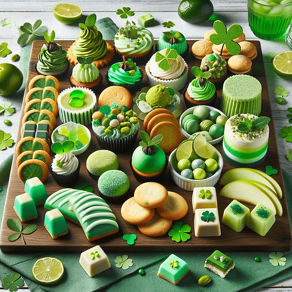 Here's a St. Patrick's Day dessert charcuterie board, designed with a delightful array of green-themed bite-sized treats. This board is a playful and colorful showcase of festive desserts.