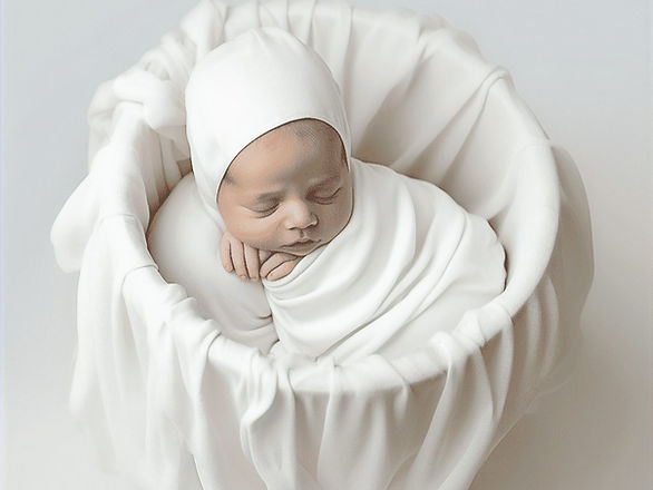 infant sleeping in a white round bassinet