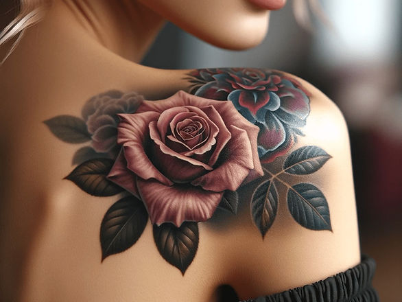 rose tattoo on shoulder of woman, with two roses and brown and green leaves