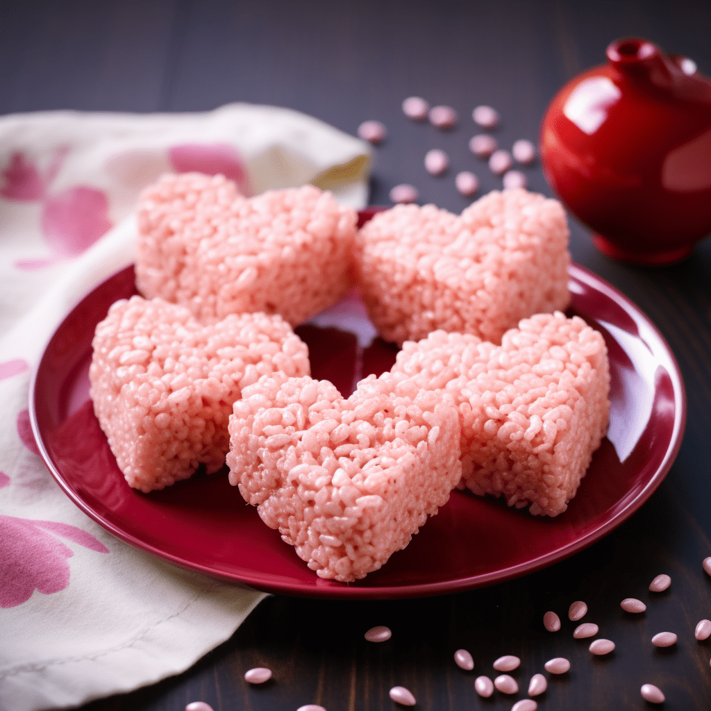 strawberry rice krispie treat recipe - heart-shaped rice krispie treats on a red plate