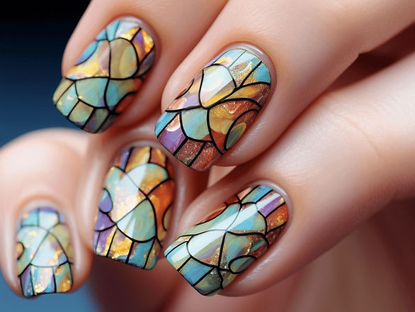 Nails designed to mimic the look of stained glass windows often found in churches. Each nail features a mosaic of bright colors, with subtle Christian symbols like crosses and doves incorporated into the design.