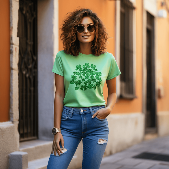 green shamrock tee, with ripped jeans, on woman outside; St. Patrick's day outfits