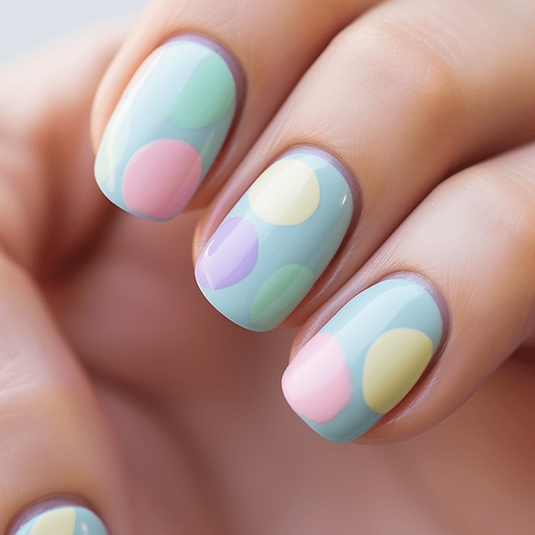 big polka dot Easter nails on light blue base