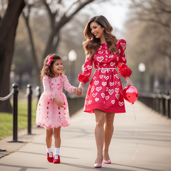 mom in a red heart dress holding hands with a little girl in the pink heart dress