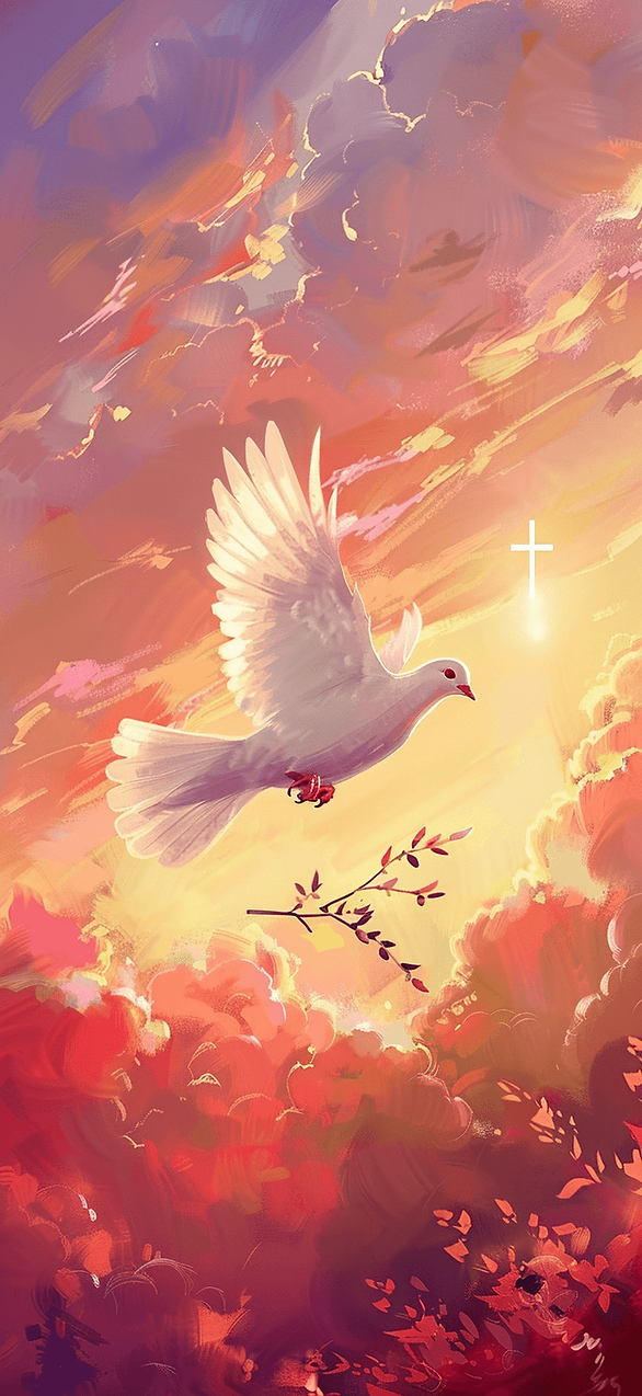 Easter iPhone wallpaper: A peaceful dove carrying an olive branch, flying across a sky painted in warm Easter colors, with a subtle glow of a cross in the clouds.