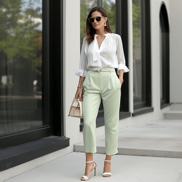 white blouse with light green cropped dress pants and white heels