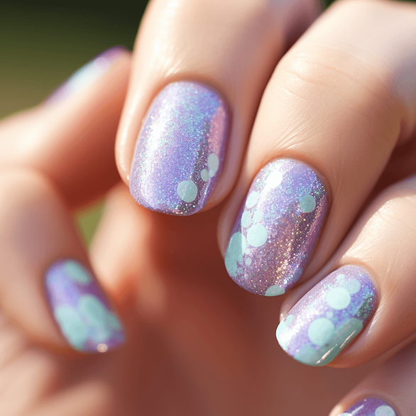 lilac glitter nails with random pastel blue dots 