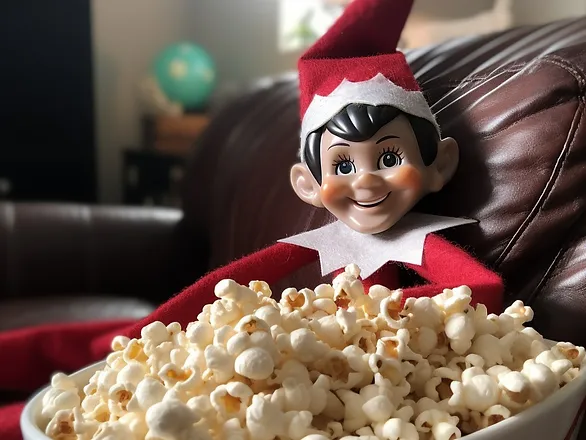 lazy easy elf on the shelf ideas - elf with bowl of popcorn