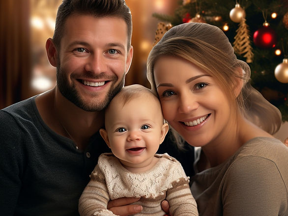 Managing holiday stress for new parents - mom, dad and baby smiling at Christmas near tree