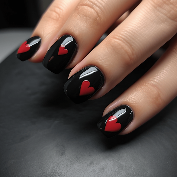 black valentines day nails black base, red heart