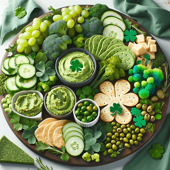 St. Patrick's Day charcuterie board, crafted from the vibrant, green-themed ingredients.