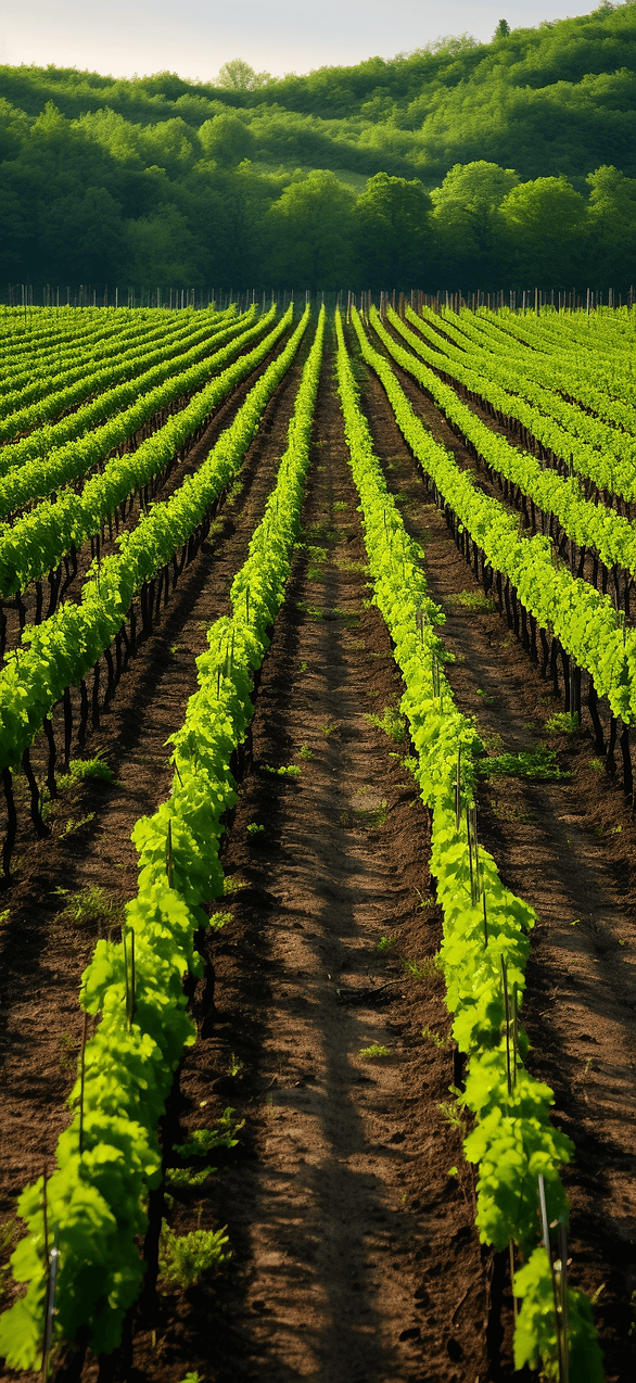 Witness the growth of spring with this wallpaper showcasing neat vineyard rows with young, green leaves. A symbol of renewal for your screen.