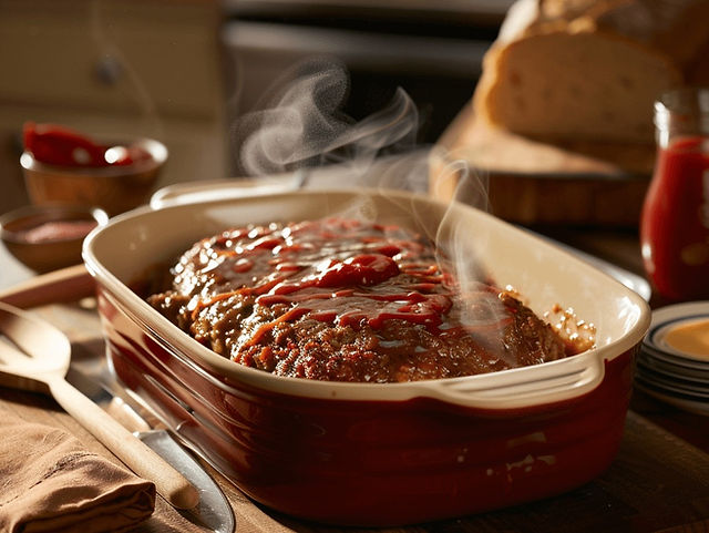 Cheap family dinner ideas: A homely kitchen scene with a classic meatloaf in a baking dish. The meatloaf is well-browned on top with a rich glaze, and steam is rising, indicating it's fresh out of the oven. On the side, there's a small bowl of ketchup for extra topping. The scene includes a pair of oven mitts and a wooden serving spoon beside the dish. The background shows a warm, inviting kitchen with a loaf of bread and a jar of mustard on the counter, creating an atmosphere of a family dinner.