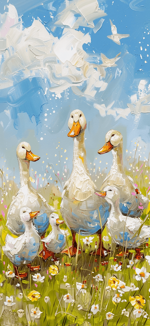 Easter iPhone wallpaper: A charming illustration of a family of ducks waddling through a field of spring flowers.