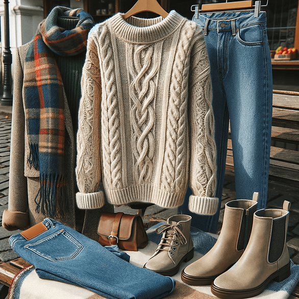 winter outfit for mom - sweater, jeans, scarf, boots