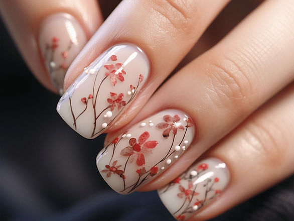 Delicate Floral Pattern: The nails in this image are adorned with a delicate floral pattern. Small pink flowers with red accents bloom on a neutral base. The medium-length, well-manicured nails highlight an intricate and feminine design.