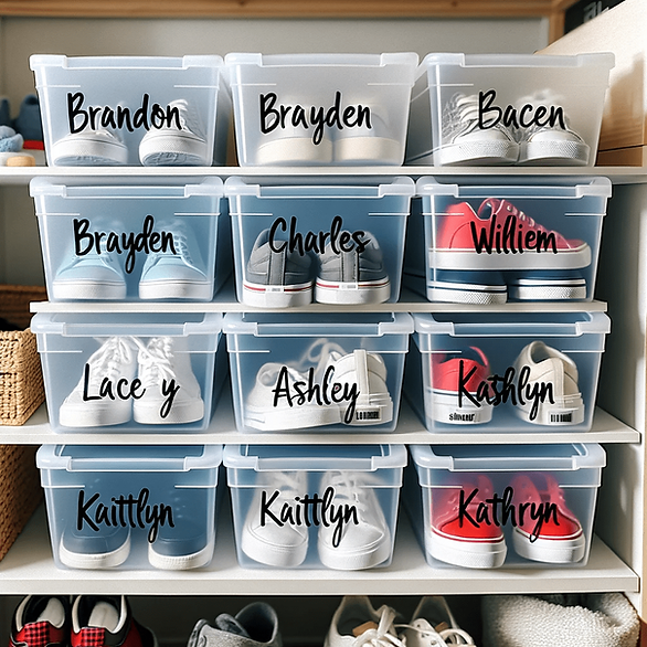 organizing kids shoes with clear bins