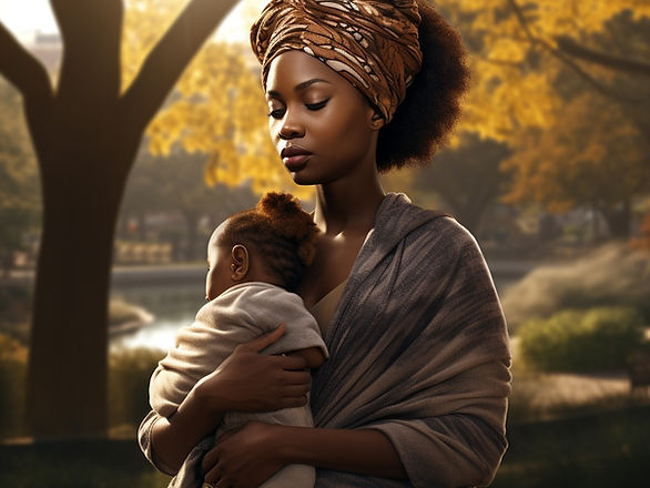 dealing with postpartum depression naturally - black woman holding a baby in the park looking sad and tired