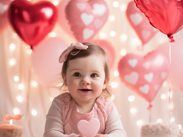 baby girl with heart balloons - baby's first Valentine's day