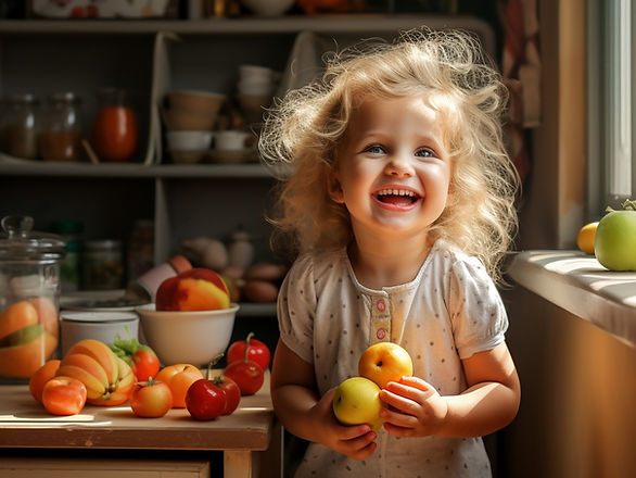 encourage healthy eating in kids - young girl with fruit in the kitchen