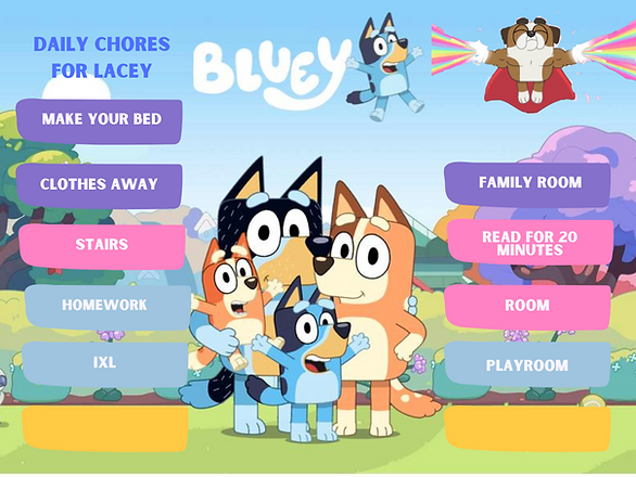 teaching children about household chores - Bluey designed chore chart