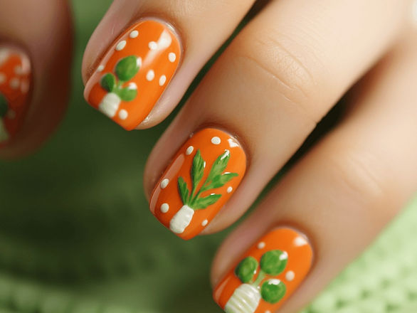 Orange nails with a playful white carrot design. The carrot is detailed with green leaves, adding a fun and quirky touch.