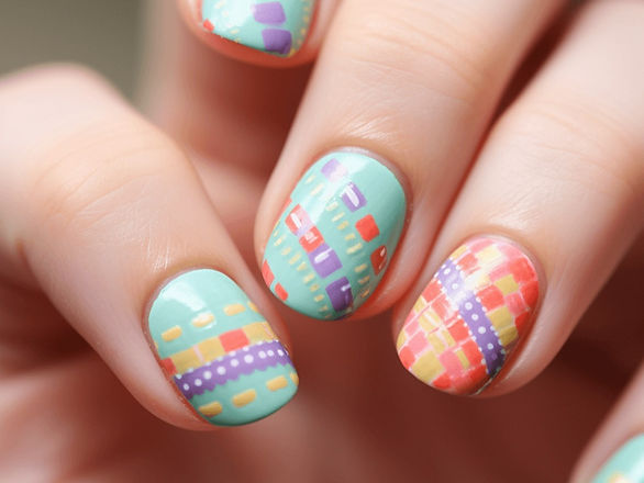 Nails designed to look like cross-stitch fabric, with each nail featuring a different Easter egg pattern in bright, contrasting thread-like colors.