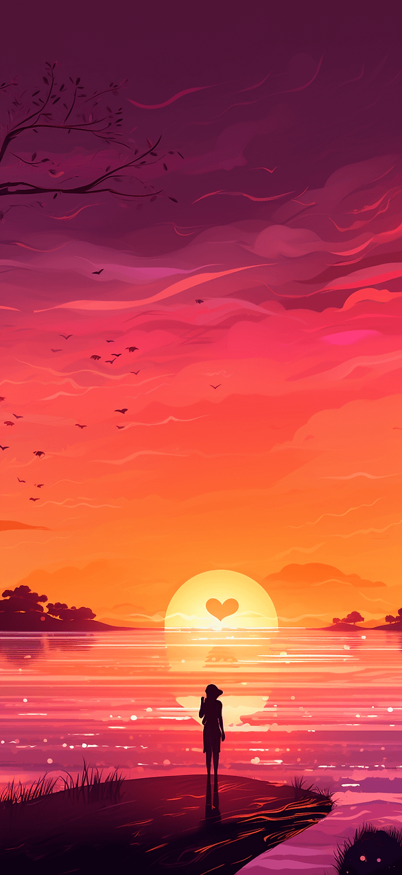 Romantic Sunset Photo: This image captures the stunning beauty of a sunset, painted in warm hues of pink and orange. In the foreground, the silhouette of a heart shape adds a romantic flair to the natural splendor.