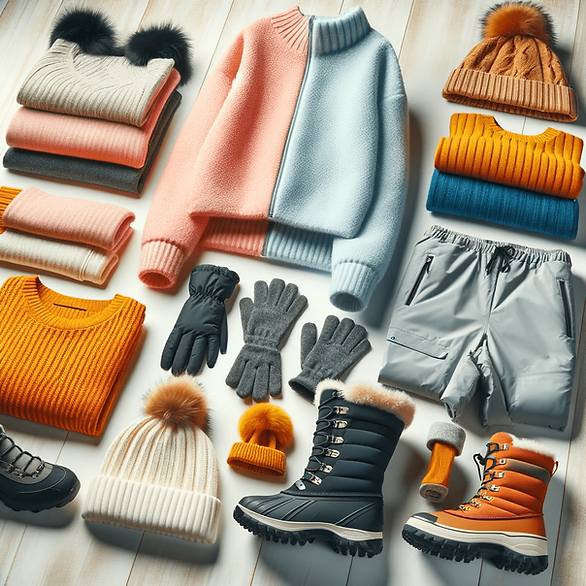 Here's an image displaying a snow day fun winter outfit for a woman, laid out without anyone wearing it. The outfit includes thermal leggings, snow pants, a thermal top, a fleece sweater, waterproof snow boots, a warm hat, and waterproof gloves, all in bright and fun colors. The background is simple and neutral, highlighting the clothes and accessories, and giving a sense of a practical and warm outfit for a snow day.