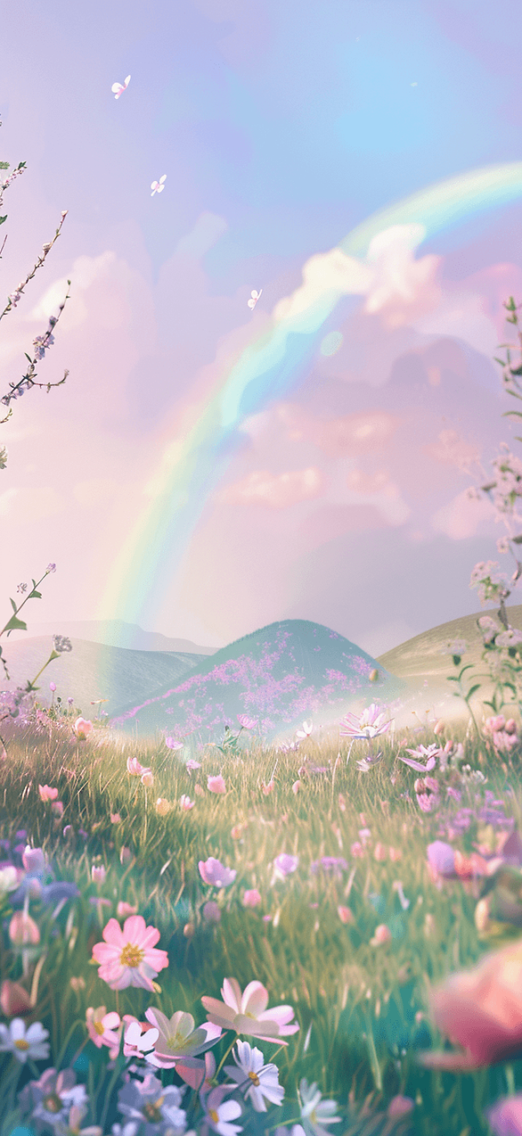 A soft and dreamy landscape with a rainbow and blooming flowers.