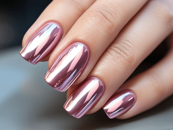 In this image, you're seeing a striking display of shiny, metallic pink chrome nails. The nails are coated in a reflective pink polish that gleams with a futuristic edge, capturing and reflecting light in a mesmerizing way. This high-fashion, cutting-edge nail design is perfect for anyone who loves to make a bold statement with their nail art. The metallic pink chrome effect adds a glamorous and contemporary touch, embodying the essence of modern style.