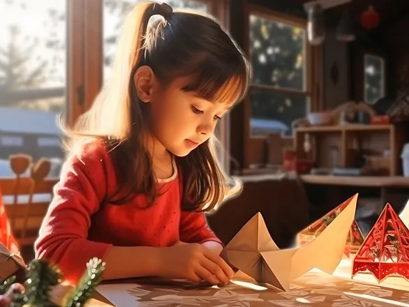 girl in a red dress making a paper craft