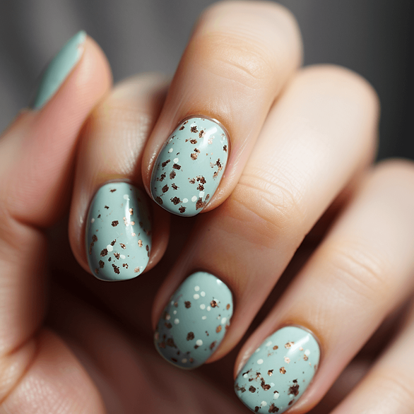 Soft blue nails resembling robin's eggs, complete with tiny speckles in brown and cream, giving a natural and delicate Easter egg appearance.