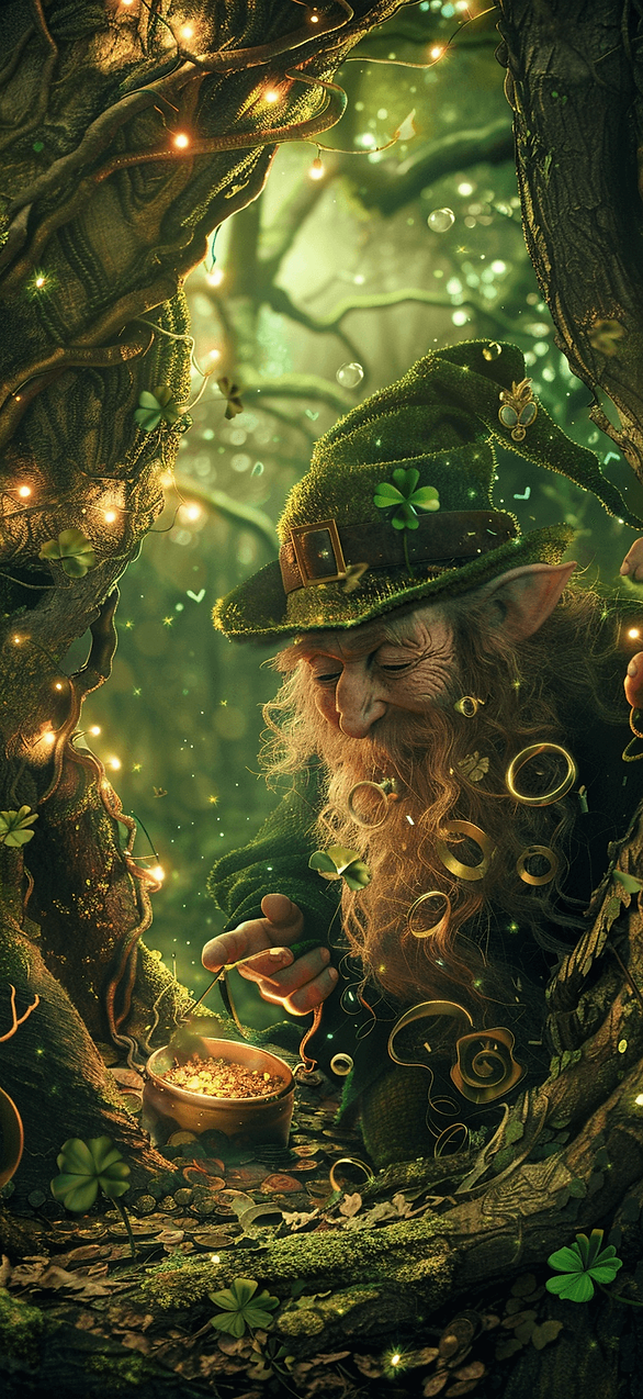 Mischievous Leprechaun in an Enchanted Forest: A playful leprechaun hiding among twisted, ancient trees in a mystical Irish forest, with twinkling fairy lights and a hidden pot of gold shimmering in the background; st patricks day iPhone wallpaper
