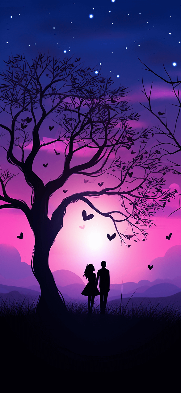 The image depicts a striking and romantic scene with a clear black silhouette of a couple holding hands, set against a mesmerizing backdrop. The sky transitions from a deep blue to rich purple hues, symbolizing the intimate moments of twilight. This blend of colors creates a tranquil and dreamy atmosphere, emphasizing the romantic theme. The distinct silhouette against the vivid, soothing backdrop evokes a sense of closeness and love, capturing the essence of a serene, romantic moment. The composition is both visually striking and emotionally resonant, perfectly encapsulating a peaceful and affectionate end to the day.