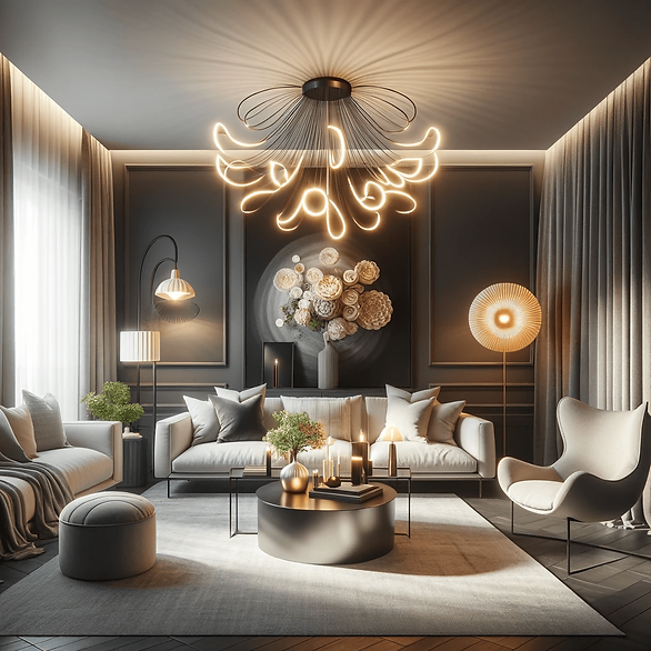 Statement lighting in a chandelier with a beige chair and couch and loveseat