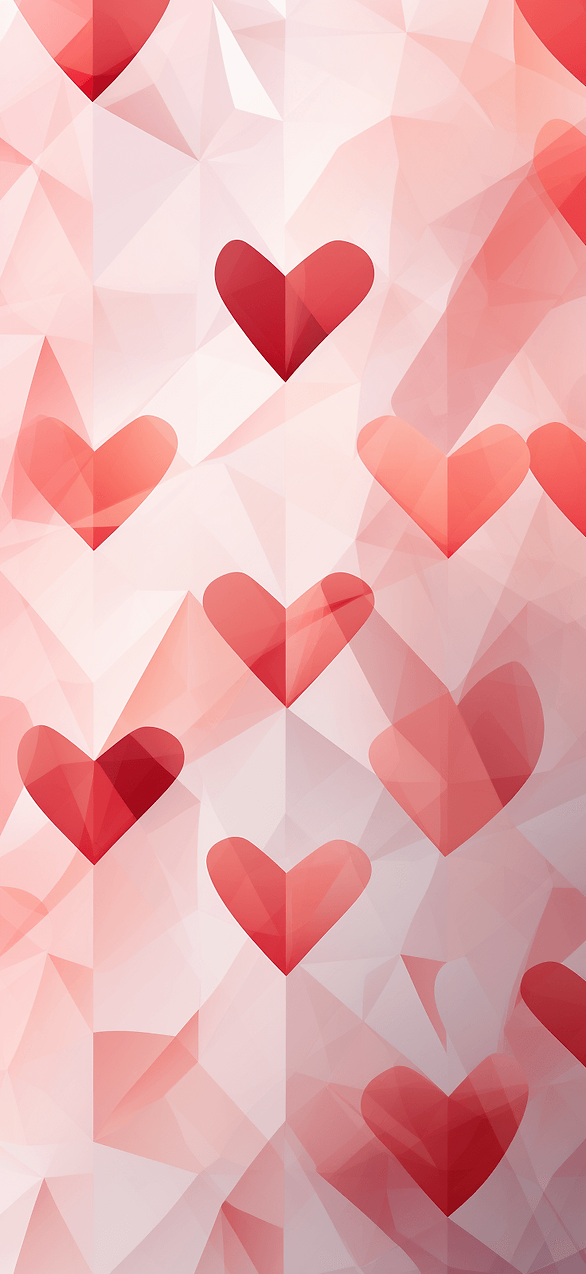 Chic Geometric Hearts Photo: A modern wallpaper featuring a pattern of geometric hearts in shades of pink and red on a clean white background, offering a stylish twist on traditional Valentine symbols.