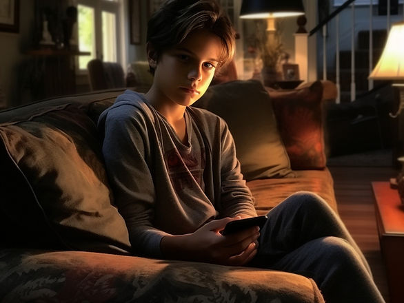 teenage boy on his phone in a dark room - Child development and technology's impact