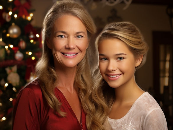 Christmas gift ideas for mom - mother and daughter in front of a Christmas tree