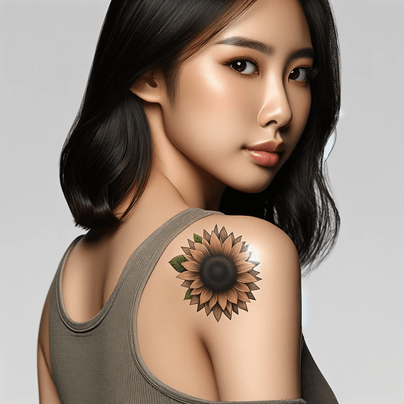 sunflower tattoo on shoulder of an Asian woman, no stem on the sunflower