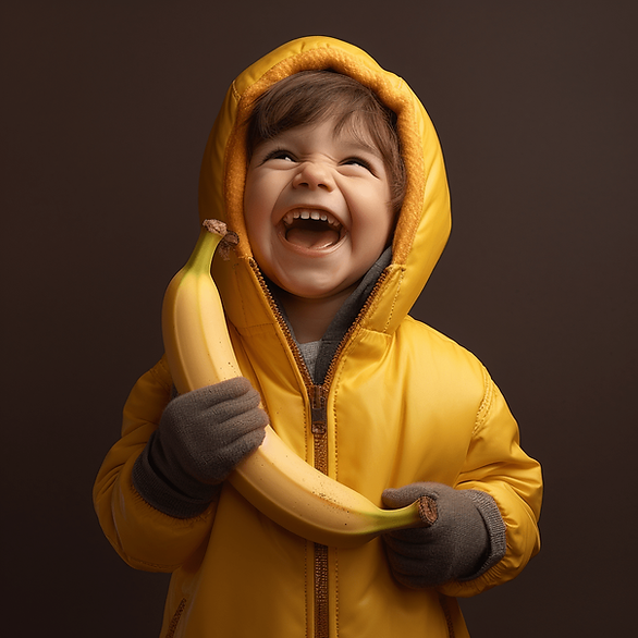 healthy snacks for kids on the go - child in yellow, laughing and hold a banana 